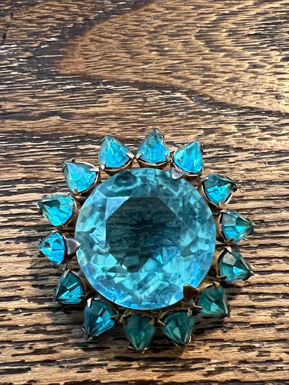 Antique Sterling Silver Aqua blue rhinestone faceted brooch
